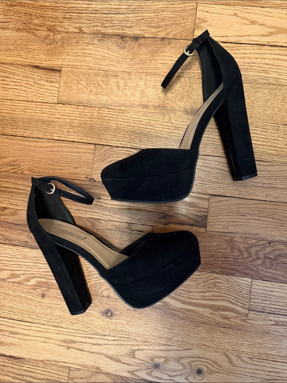 Black Suede Platform Block-Heel Ankle Strap Pumps